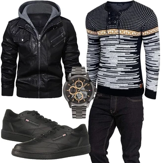 Outfit mit Schwarz Kapuzenjacke/Bikerjacke/Jacke mit Seitlichem Reißverschluss/KunstLederjacke/Motorradjacke/Lederjacke HOOD CREW "Casual Outfit"