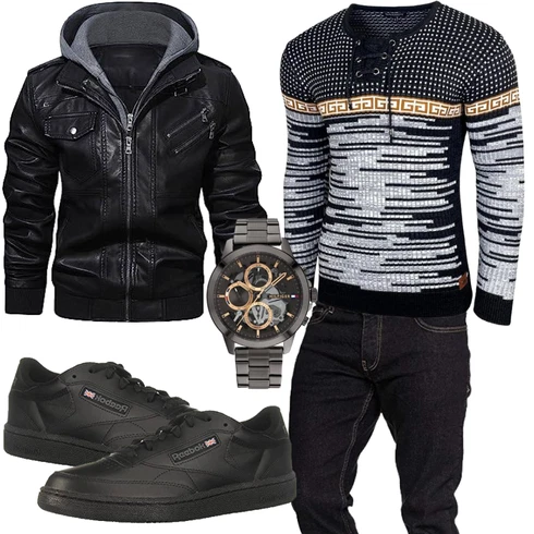 Herbst Schwarz Kapuzenjacke/Bikerjacke/Jacke mit Seitlichem Reißverschluss/KunstLederjacke/Motorradjacke/Lederjacke HOOD CREW kombinieren