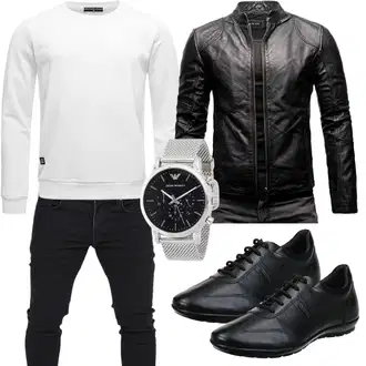 Outfit mit Schwarz/Dunkelgrau/Grau Leder Bomberjacke/Vintage Lederjacke/Jacke mit Seitlichem Reißverschluss/KunstLederjacke/Bikerjacke/Motorradjacke Crone "Casual Outfit"
