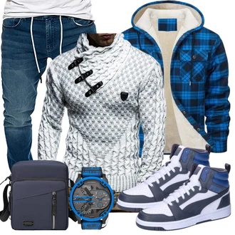 Zweiteilige Outfit mit Blau/Hellblau Holzfäller Jacke/Kapuzenpullover/Sport Hoodie/Hoodie/Strick Hoodie/Ausgefallener Hoodie/Women's Fleece Sweatshirts/Sweatjacke Generisch "Casual Outfit"