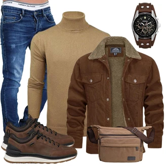 Stil, Western Outfit mit Braun/Dunkelbraun/Khaki Trachtenstrickjacke/Vintage Lederjacke/Vintage Jacke/Wachsjacke/Holzfäller Jacke/Wolljacke/Cordjacke TACVASEN "Casual Outfit"Look: Retro, 80er, Classic, GoGo, Goa, Business, Teddy, Indoor, Western, Workwear, Country Styl, Outdoor