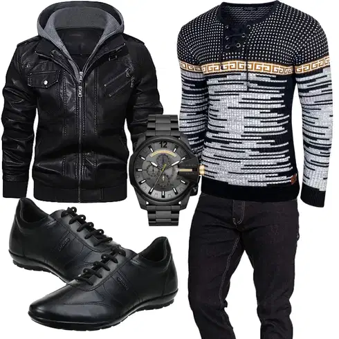 Schwarz Kapuzenjacke/Bikerjacke/Jacke mit Seitlichem Reißverschluss/KunstLederjacke/Motorradjacke/Lederjacke HOOD CREW kombinieren