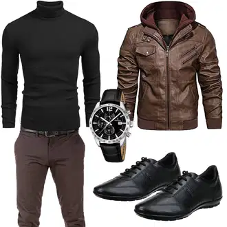 Regen Outfit mit Dunkelbraun/Braun/Khaki Bikerjacke/Herbstjacke/Leder Bomberjacke/Vintage Lederjacke/Jacke mit Seitlichem Reißverschluss/Motorradjacke/Kapuzenjacke/KunstLederjacke/Lederjacke HOOD CREW "Cool Outfit"