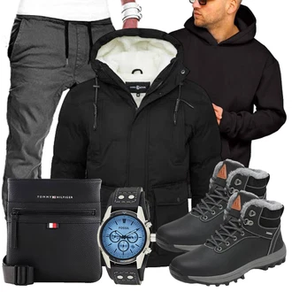 Winter Outfit mit Schwarz/Dunkelgrau Wasserdichter Stiefel/Winter Stiefel/Trekkingstiefel/Thermostiefel/Winter Stiefelette/Wasserfester Schuh/Winter Sneaker/Herren Lederschuhe Mishansha "Cool Outfit"