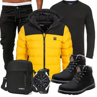 Winter Outfit mit Schwarz Wattierte Stiefel/Schnürstiefel/Gefütterte Stiefelette/Winter Stiefel/Sicherheitsschuh/Wasserfester Schuh/Winter Sneaker/Winter Stiefelette/Wasserdichter Stiefel/Klassischer Stiefel/Herren Lederschuhe Pastaza "Cool Outfit"