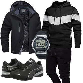 Outfit mit Schwarz/Dunkelblau/Dunkelgrau Wanderjacke/Reitjacke/Thermojacke/Segeljacke/Wasserdichte Jacke/Skijacke/Jacke mit Seitlichem Reißverschluss/Kapuzenjacke/Outdoorjacke/Winterjacke/Trekkingjacke/Funktionsjacke MAGCOMSEN "Cool Outfit"