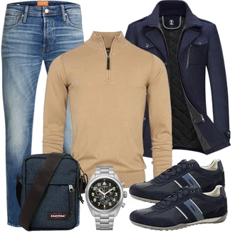 Wolle-seide Outfit mit Dunkelblau Scuba-Mantel/Duffle Mantel/Kaschmir Mantel/Schmal Geschnittener Mantel/Mantel mit Reißverschluss/Wollfleece Mantel/Wintermantel Wollmantel KUDORO "Cool Outfit"