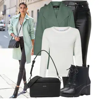 Elegantan Outfit sa Crna/Tamnozelena/Zeleno/Bijela Traperice Kožna Jakna/Bikerske Traperice/High Waist Traperice/Traperice s Prorezom/Termo Traperice Dr. Denim "Trendovska jesenska odjeća"Look: Rap, Elegantan, Prekrasan, Mokri izgled, Old Money, Techno, Jazz, cool