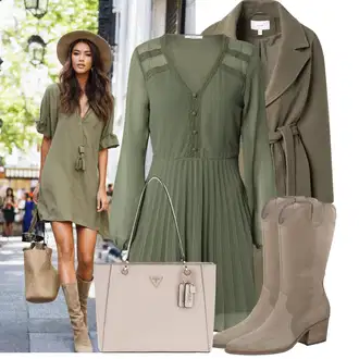 Outfit s Tmavě zelená/Zelená Šaty s dlouhým rukávem/Retro Šaty/Halenkové Šaty/Vintage šaty/Zimní šaty s dlouhým rukávem/Francouzské šaty/Pletené Šaty/Šaty na Podzim/Plisované Šaty About You "Podzimní Look"