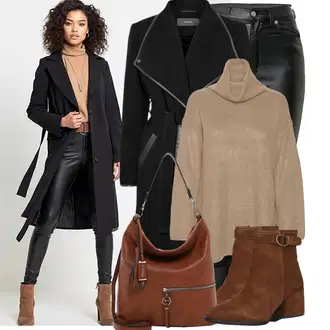 Elegantan Outfit sa Crna/Tamnozelena/Zeleno/Bijela Traperice Kožna Jakna/Bikerske Traperice/High Waist Traperice/Traperice s Prorezom/Termo Traperice Dr. Denim "Cool jesenski outfit"Look: Rap, Elegantan, Prekrasan, Mokri izgled, Old Money, Techno, Jazz, cool