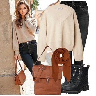 Prošívaný Outfit s Černá Šněrovací Kotníková Bota/Kožená bunda/Vycpaná kozačka/Gumová Kotníková Bota/Bojová Bota/Klasická kozačka/Plochá Kotníková Bota/Kozačka se zipem/Šněrovací Kozačka About You "Trendový podzimní outfit"