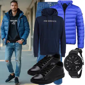 Winter Outfits Groß mit Dunkelblau/Rot/Hellblau/Blau Kunstfaserjacke/Thermojacke/Trachtenstrickjacke/Herbstjacke/Außergewöhnliche Jacke/Daunenjacke/Kapuzenjacke/Steppjacke/Winterjacke/Puffer Jacke Behype "Cooles Outfit"