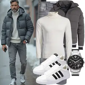 Outdoor Outfit mit Hellgrau/Grau/Braun/Khaki/Silber/Beige Herren Lederjacke/Sportschuhe/Jeans mit Schlitz/Low Rise Jean/Regular-Fit Jeans/Lederjacke/Slim Fit Jeans/Schlupfjeans/Leder Schuhe/Sweatjeans/Thermojeans witt "Cooles Outfit"Look: Boyfriend, Casual, Coole, Outdoor
