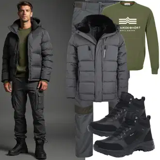 Outfit mit Schwarz Schnürstiefelette/Springerstiefel/Flache Stiefelette/Klassischer Stiefel/Lammfell Stiefel/Leder Stiefelette/Schnürschuh Tommy Hilfiger "Cooles Winter Outfit"