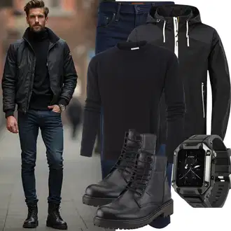 Outfit mit Schwarz Schnürstiefelette/Springerstiefel/Flache Stiefelette/Klassischer Stiefel/Lammfell Stiefel/Leder Stiefelette/Schnürschuh Tommy Hilfiger "Cooles Winter Outfit"
