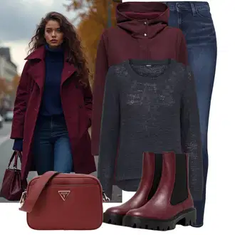 Outfit sa Ljubičasta/Tamnocrvena/Crvena/Vinski Crveno Prijelazni Kaput/Softshell Kaput/Kaput od Flisa/Kaput od Vunenog Flisa/Vuneni kaput/Pleteni Flis Kaput/Scuba Kaput/loden kaput/Kaput s Kapuljačom Only "Udoban zimski outfit"