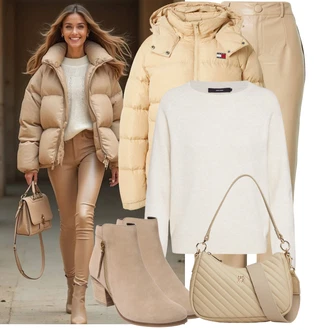 Outfit s Hnědá/Béžová/Khaki Basic Svetr/Kašmírový Svetr/Svetr z Jemné Pleteniny/Pletený Svetr/Potisknout Svetr/Svetr s Kulatým Výstřihem/Jednoduchý Svetr/Pruhovaný Svetr VERO MODA "Vzhled casual"