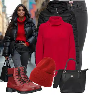 Outfit s Červená/Tmavě červená Čepice/Kšiltovka/Zimní čepice About You "Trendový zimní vzhled"