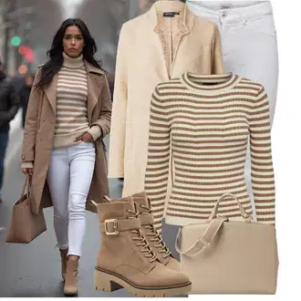 Kombinacije za zimu Prugasto sa Bež/Smeđa/Kaki Pletivo Veći Broj Pieces "Udoban zimski outfit"