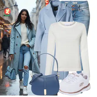 Kombinacije od trapera Zima sa SvjetloPlava/Plava Vuneni kaput/Kaput od Kašmira/Midi Kaput/Vuneni Kaput Masai "Outfit za zimu"