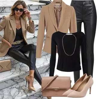 Ženske kombinacije za ured Ležerno, Poslovni Ljeto sa Tamnosmeđa/Smeđa Oversize Sako/Sako Jakna/Kožna Jakna za Muškarce/Kožna jakna za muškarce/Elegantni Sako/Boyfriend Sako/Kožna Jakna/Pleteni Sako Pieces "Elegantan Izgled"Look: Poslovni, Šik, Ured, klasický