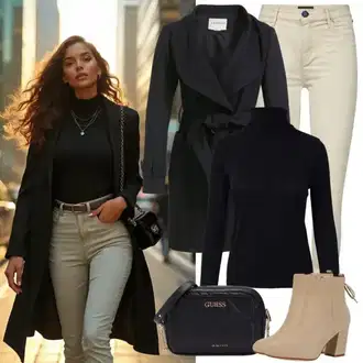 outfit mit Črna/Temno modra Volnen zimski plašč/Plašč iz Kašmirja/Prehodni Plašč/Loden plašč/Midi Plašč/Oversize Plašč/Potapljaški Jopič/Volnen Plašč iz Flisa VERO MODA "Eleganten outfit za Bika"