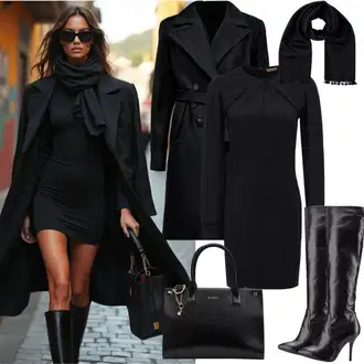 Dresses outfits Plemenita Zima mit Črna Plašč iz Bukleja/Volneni Plašč/Dolg plašč/Midi Plašč/Pleteni Plašč/Volnen zimski plašč/Plašč iz Kašmirja/Prehodni Plašč/Oversize Plašč answear lab "Eleganten videz za Devico"Look: Priložnostne, Pametno priložnostno, Mehko, Overdressed, Plemenita, Prevelik, Francoski, Doma, Kul