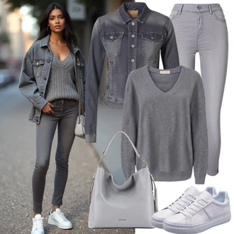 Outfit sa Tamnosiva/Tamnoplava/Crna/Siva Kratka Jakna/Crop Jakna/Jacquard Jakna/Kratka Traper Jakna/Tradicionalni kardigan/Traper Jakna karl lagerfeld jeans "Elegantna Jesenska Odjeća"