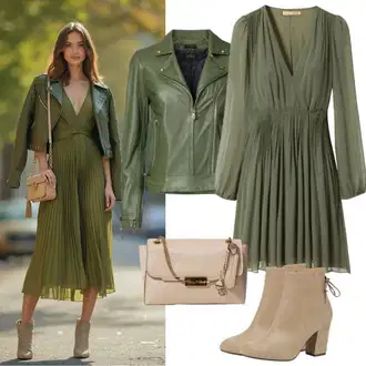 Green Outfits Estetski mit Bež/Rjava/Khaki/Rumena Chelsea Škornj/Podloženi Gležnar/Poletni gležnjar/Usnjena Jakna/Gumijasti Gležnar Weekend Max Mara "Elegantni Jesenski Outfit"Look: Delovna oblačila, Modna, Duckfeet, Mehko, Prevelik, Zunaj, Transparent, Brez šivov, Estetski