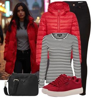 Outfit sa Crvena Prošivena Jakna/Pernata Jakna/Održiva Jakna/Ljetna pod-Jakna/Donja Jakna/Zimska Jakna/Jakna za Pakiranje/Puferica Jakna/Jakna s Kapuljačom Only "Opušteni izgled"