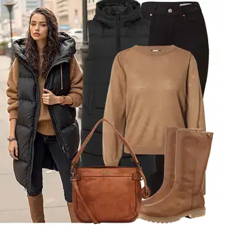 Outfit s Hnědá/Béžová Klasická kozačka/Nepromokavá kozačka/Bota se širokým nohavici/Zimní Kozačka z jehněčí kůže/Jezdecká Bota/Dlouhá Kozačka/Vycpaná kozačka/Ovčí Kožešinová Bota/Kozačka se zipem Panama Jack "Trendový podzimní outfit"