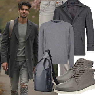 Outfit mit Grau/Hellgrau Herren Lederjacke/Jeans mit Loch/Jeans mit Schlitz/Low Rise Jean/Low Waist Jean/Biker Jeans/Lederjacken witt "Freizeit Outfit"