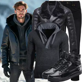 3/4 arm Outfit mit Schwarz KunstLederjacke/Leder Bomberjacke/Wachsjacke/Lederjacke Redbridge "Freizeit Outfit"