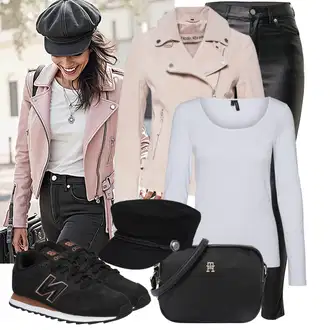 Elegantan Outfit sa Crna/Tamnozelena/Zeleno/Bijela Traperice Kožna Jakna/Bikerske Traperice/High Waist Traperice/Traperice s Prorezom/Termo Traperice Dr. Denim "Trendovska jesenska odjeća"Look: Rap, Elegantan, Prekrasan, Mokri izgled, Old Money, Techno, Jazz, cool