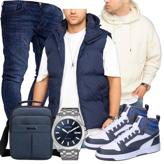 Outfit mit Dunkelblau/Hellblau Leichte Weste/Outdoorweste/Kurze Weste/Sport Weste/Funktionsweste/Kunstfaserweste/Daunenweste/Lange Weste/Steppweste/Wendeweste/Ärmellose Weste/Puffer Weste Behype "Freizeit Outfit"