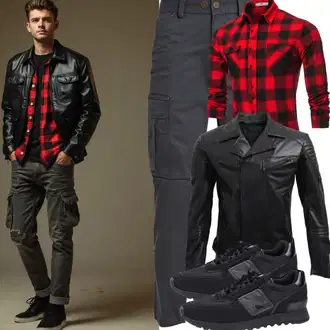 3/4 arm Outfit mit Schwarz KunstLederjacke/Leder Bomberjacke/Wachsjacke/Lederjacke Redbridge "Freizeit Outfit"