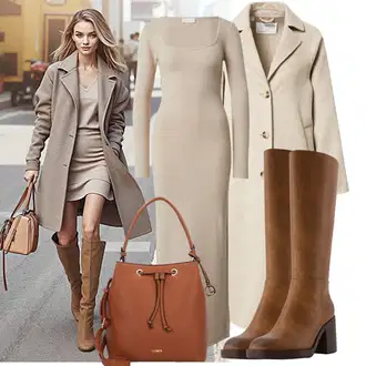 Elegantní Outfit s Béžová/Hnědá/Bílá/Khaki Dlouhé pletené šaty/Šaty S Rolákem Leger by Lena Gercke "Podzimní Look"Look: Burleska, Elegantní, Old Money, Příliš oblečený, S průsvitem