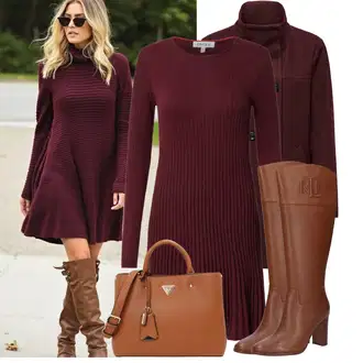 Stojáček Outfit s Tmavě červená/Červená/Vínová Přechodový Kabát/Zimní Kabát Vlněný kabát/Vlněný Fleecový Kabát/Kabát z Kabanosu/Lodenový kabát/Duffle Kabát Only "Podzimní Look"
