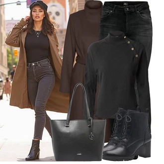 Outfit s Šedá/Hnědá/Tmavě zelená/Tmavě hnědá Přechodový Kabát/Lodenový kabát/Kašmírový Kabát/Vlněný Kabát/Trenčkot/Dlouhý kabát/Midi Kabát/Zimní Kabát Vlněný kabát/Dlouhý Kabát VERO MODA "Cool podzimní outfit"