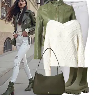 Outfit s Tmavě zelená Chelsea Boty/Gumová Kotníková Bota/Kožená bunda Only "Ležérní Vzhled"