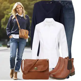 Outfity z džínu Ribcage Rovná noha s Bílá/Krémová Businessová Halenka/Blůza s knoflíčkem/Žehlení odolná blůza/Halenka Slim Fit About You "Podzimní Look"