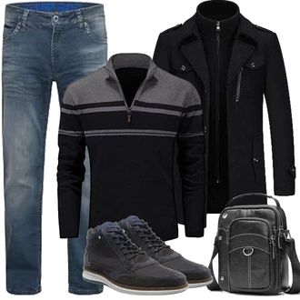 Slim fit Outfit mit Schwarz Duffle Mantel/Scuba-Mantel/Kaschmir Mantel/Mantel mit Reißverschluss/Wollfleece Mantel/Wintermantel Wollmantel KUDORO "Herbst Outfits"
