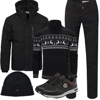 Outfit mit Schwarz Jacquard Pullover/Norweger Pullover/Wollpullover/Rollkragenpullover/Winterpullover Freshhoodies "Herbst Outfits"