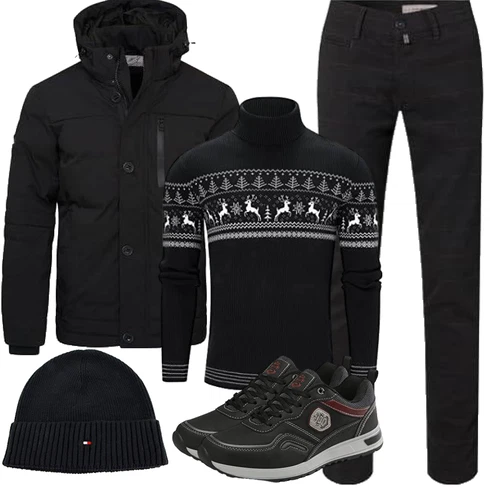 Boyfriend, Schick Schwarz Jacquard Pullover/Norweger Pullover/WollPullover/RollkragenPullover/WinterPullover Freshhoodies kombinierenLook: Boyfriend, Classic, Büro, Dad, Festlich, Skater