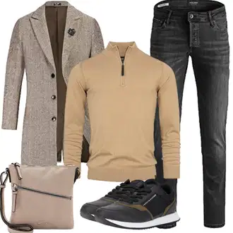 Outfit mit Grau/Beige/Braun Langer Wintermantel PaulJones "Herbst Outfits"