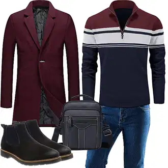 Outfit mit Dunkelrot/Lila/Rot/Rosa/Bordeaux Wollfleece Mantel/Kaschmir Mantel/Schmal Geschnittener Mantel/Gehröck/Wollmantel/Blazermantel YOUTHUP "Herbst Outfits"