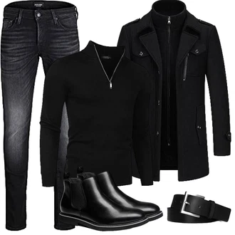 Wolle-seide Outfit mit Schwarz Duffle Mantel/Scuba-Mantel/Kaschmir Mantel/Mantel mit Reißverschluss/Wollfleece Mantel/Wintermantel Wollmantel KUDORO "Herbst Outfits"