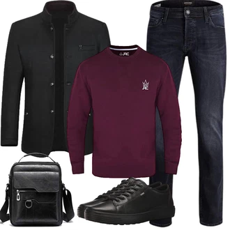 Rundhals Outfit mit Bordeaux/Dunkelrot Vintage Pullover/Winterpullover/Einfacher Pullover/Thermo Pullover/Wollpullover/Basic Pullover/Feinstrickpullover/Polo-Pullover/Kaschmir Pullover/Pullover mit Stehkragen/Pullover Mit V-ausschnitt/Damen Pullover/Women's Fleece Sweatshirts/Sport Sweatshirt JRC Just Royal Clothing "Herbst Outfits"