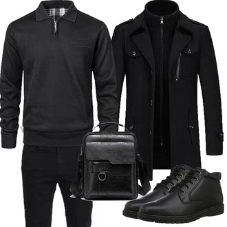 Wolle-seide Outfit mit Schwarz Duffle Mantel/Scuba-Mantel/Kaschmir Mantel/Mantel mit Reißverschluss/Wollfleece Mantel/Wintermantel Wollmantel KUDORO "Herbst Outfits"