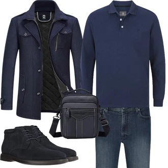 Wolle-seide Outfit mit Dunkelblau Scuba-Mantel/Duffle Mantel/Kaschmir Mantel/Schmal Geschnittener Mantel/Mantel mit Reißverschluss/Wollfleece Mantel/Wintermantel Wollmantel KUDORO "Herbst Outfits"